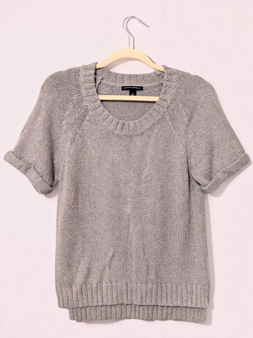 Banana Republic Metallic Threads Short-Sleeve Crew Sweater in Heather Gray